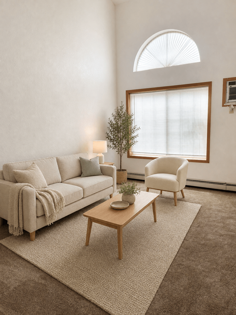 A living room with a couch, chair, and table.