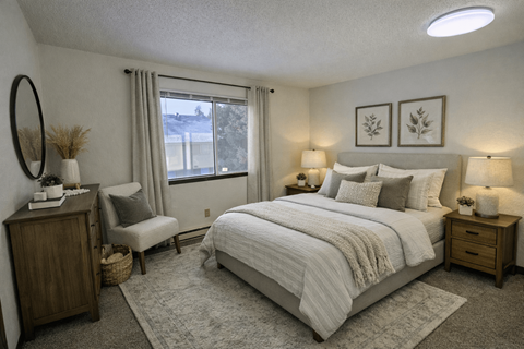 A bedroom with a large bed, a chair, and a nightstand.