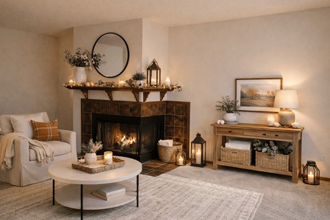 A cozy living room with a fireplace and a coffee table.