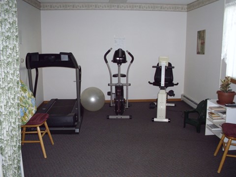 A room with a treadmill, exercise ball, and other workout equipment.
