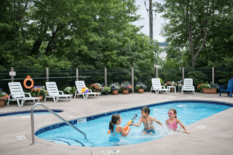 Three children playing in a pool surrounded by lounge chairs and greenery.