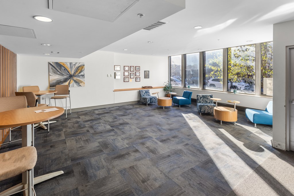 A room with a grey carpet and wooden chairs.