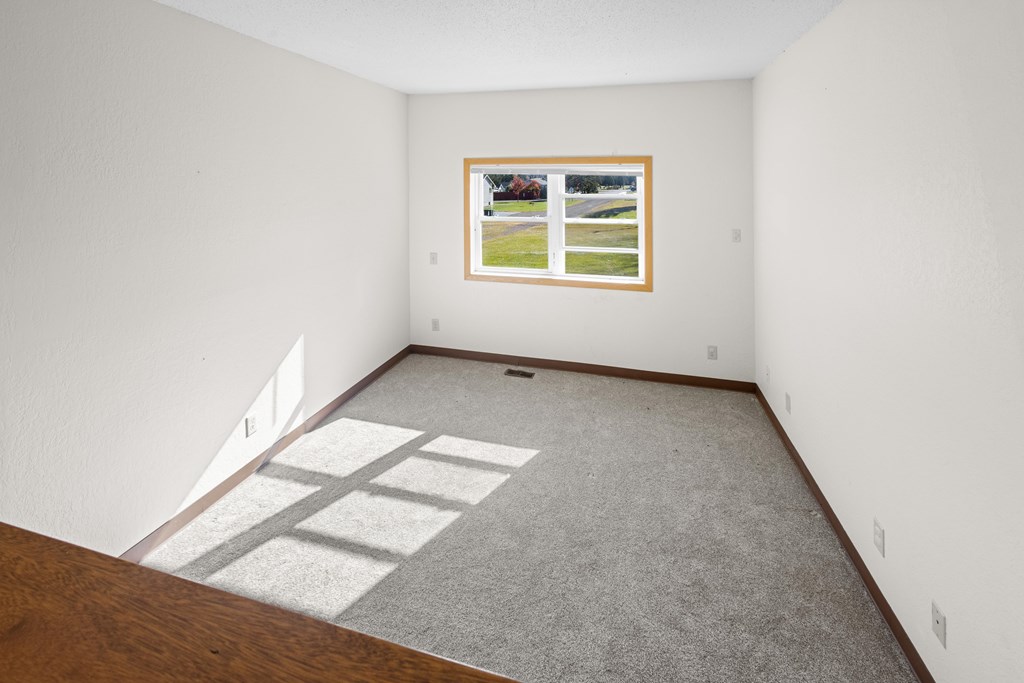 A room with a window and a carpeted floor.