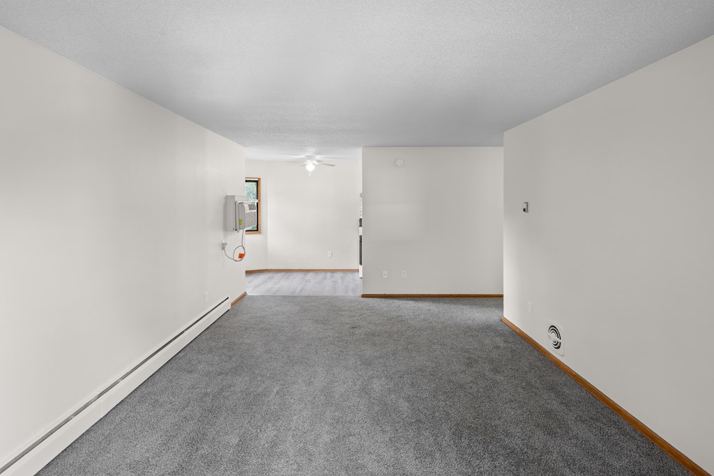 A long hallway with a carpeted floor and white walls.