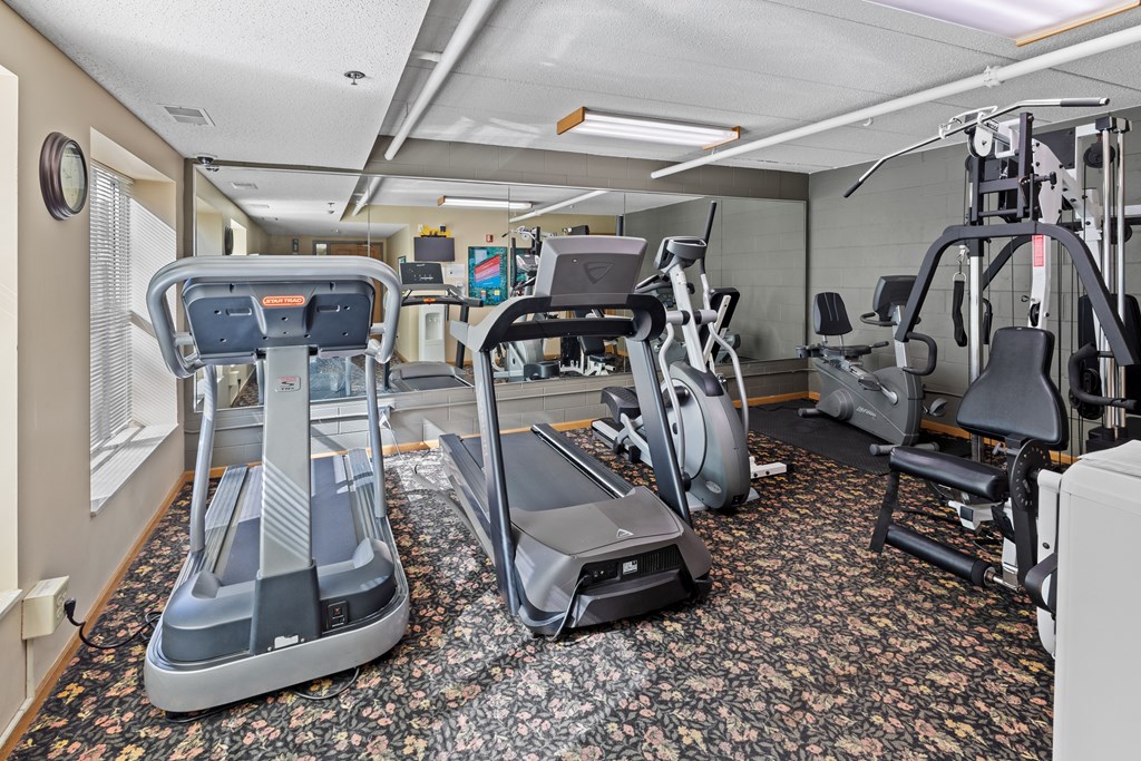 A gym with treadmills and exercise machines.
