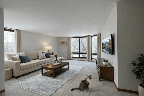 A cat is sitting on the carpet in a living room with a couch, coffee table, and large windows.