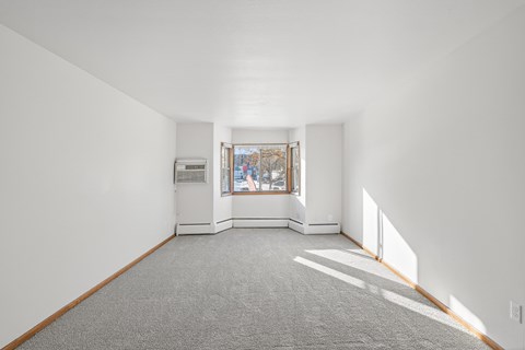 A spacious room with a window and a carpeted floor.