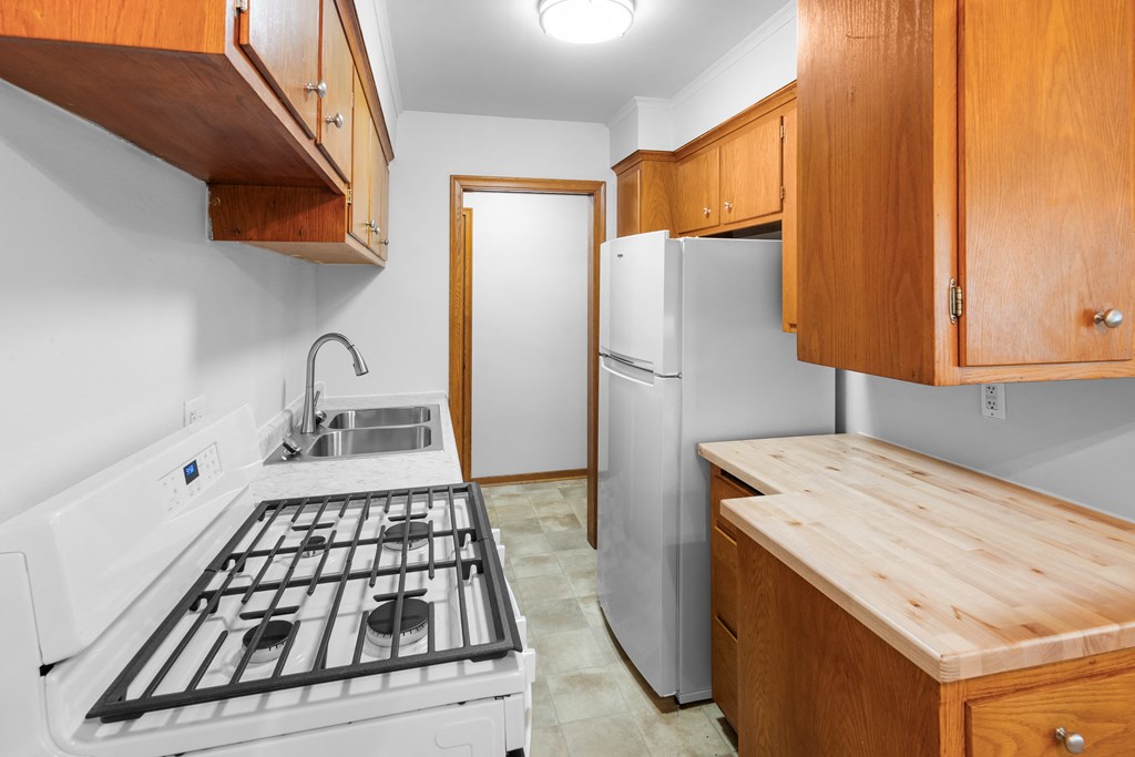 a kitchen with a stove and refrigerator and wooden cabinets