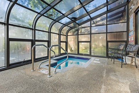 A small indoor pool with a glass ceiling.
