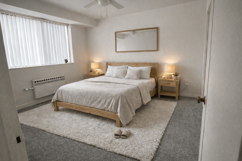 A bedroom with a large bed, a ceiling fan, and a window with blinds.