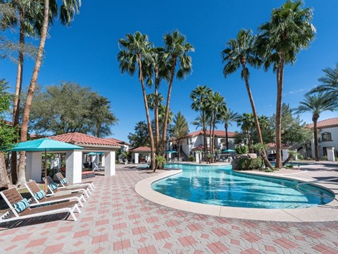 a large swimming pool with palm trees and lounge chairs