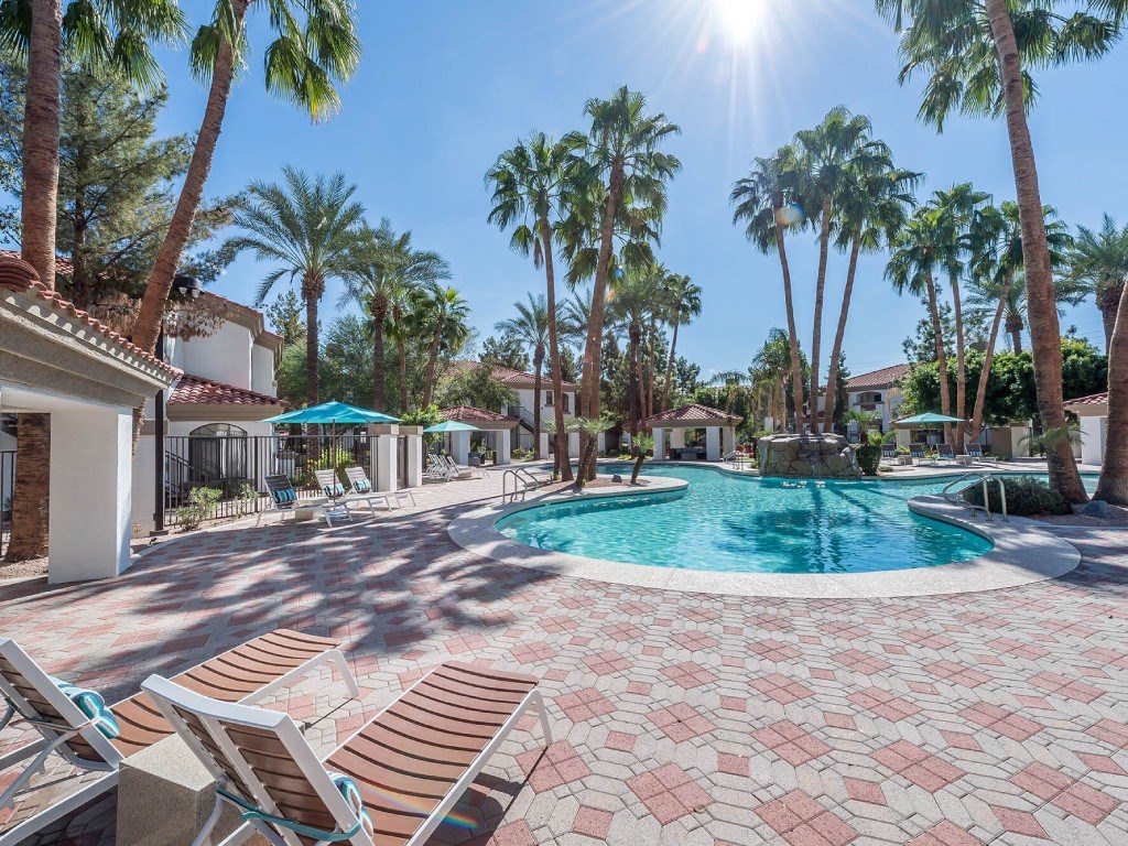 a swimming pool with palm trees and lounge chairs