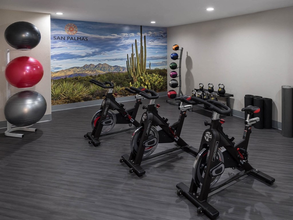 a row of exercise bikes in a fitness room
