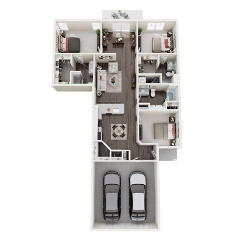 A floor plan of a house with two bedrooms, a living room, a kitchen, a bathroom, and two parking spaces.