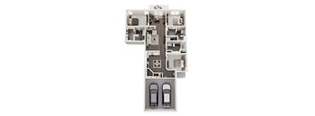 A floor plan of a house with two bedrooms, a living room, a kitchen, a bathroom, and two parking spaces.