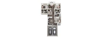 A floor plan of an apartment with two bedrooms, a living room, a kitchen, a bathroom, and two parking spaces.