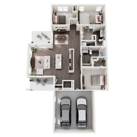 A top-down view of a house interior with two cars parked in the garage.