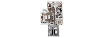 A top-down view of a house interior with two cars parked in the garage.