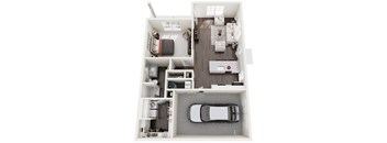 A car is parked in a garage in a house.