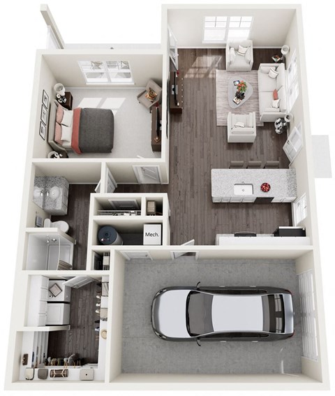 A car is parked in a garage in a house.