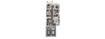A top-down view of a small apartment with a kitchen, living room, bedroom, and bathroom.