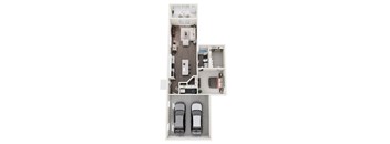 A top down view of a small apartment with a kitchen, living room, and two parking spaces for cars.