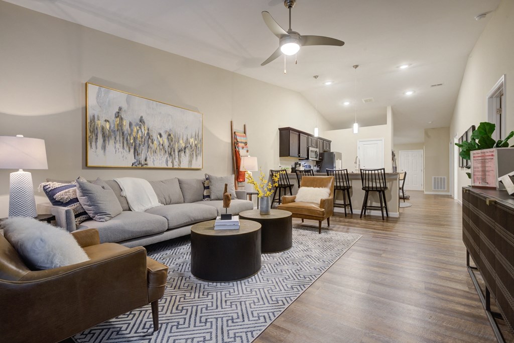 a living room with a couch and a table
