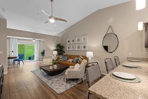 A living room with a blue rug and a brown coffee table.