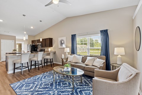 A living room with a blue rug and a glass coffee table.