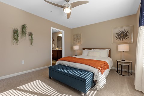 A bedroom with a bed, a ceiling fan, and a nightstand with a lamp.