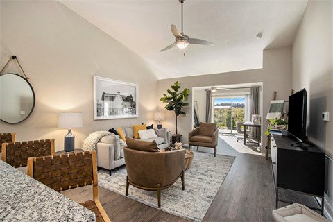 A living room with a brown chair and a grey couch.