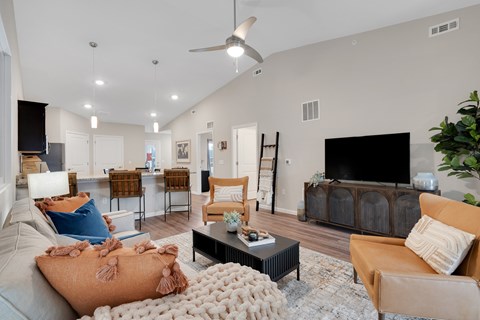 A living room with a grey couch and a brown couch.