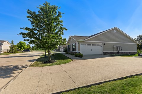 A large house with a driveway and a tree in front.