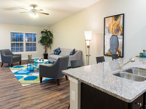 A living room with a grey couch, a blue rug, and a painting on the wall.