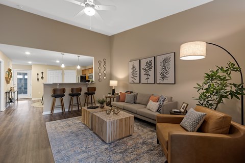 A living room with a brown couch and a blue rug.