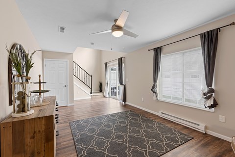 A living room with a rug on the floor and a plant on the table.