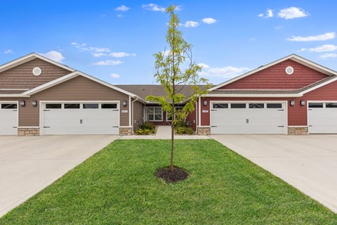 A tree is planted in the middle of a grassy area in front of a two-story house with garages.