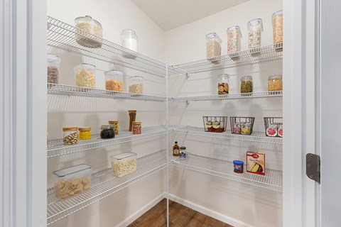 A pantry with a white door and shelves filled with jars and containers.