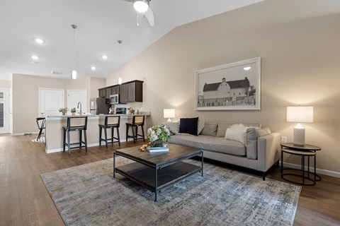 A living room with a grey couch, a coffee table, and a painting on the wall.