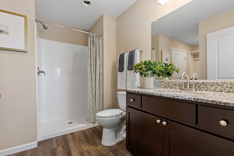 A bathroom with a toilet, a sink, and a shower.