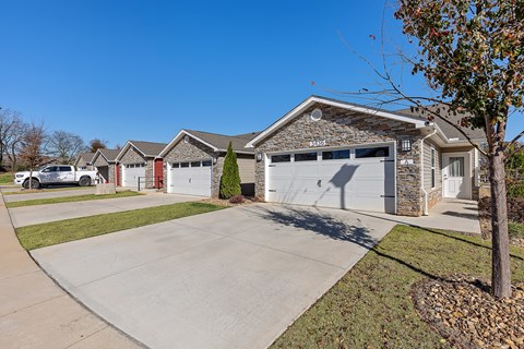 A house with a grey garage door is in front of a tree.