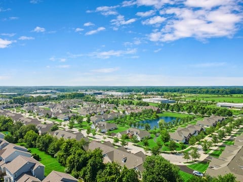 A bird's eye view of a residential neighborhood with houses, trees, and a lake.