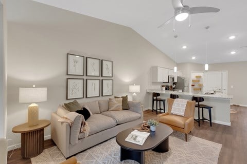 A living room with a couch, a chair, and a coffee table.