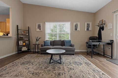 A living room with a grey couch, a round table, and a rug with a pattern.