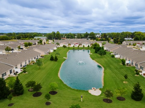 A large swimming pool is surrounded by grass and trees in a residential area.
