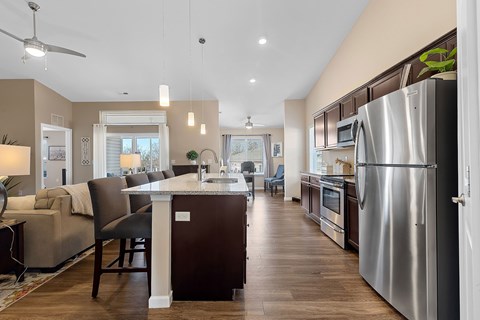 A modern kitchen with a dining area and a living room.