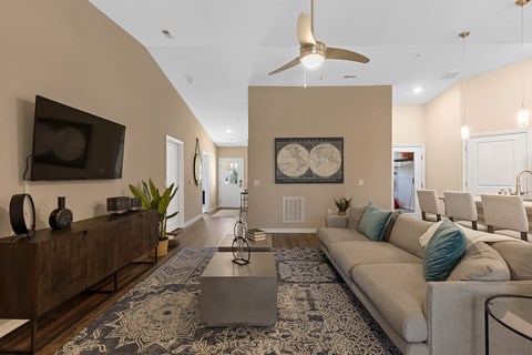 A living room with a white couch and a rug.
