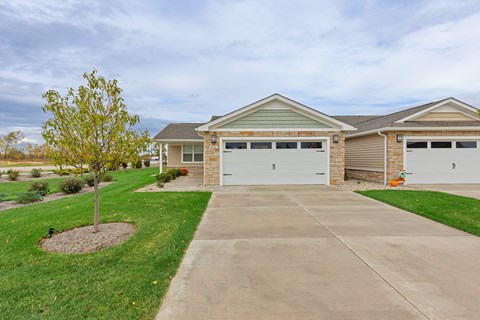 A house with a brown garage door and a tree in the front yard.