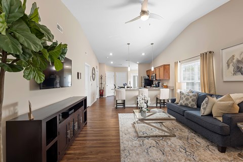 A living room with a grey couch and a wooden floor.