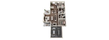 A top-down view of a house interior with two cars parked in the garage.